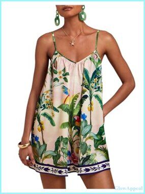 Tropical Print V Neck Backless Wide Leg Romper Sleeveless Boho Beach Vacation